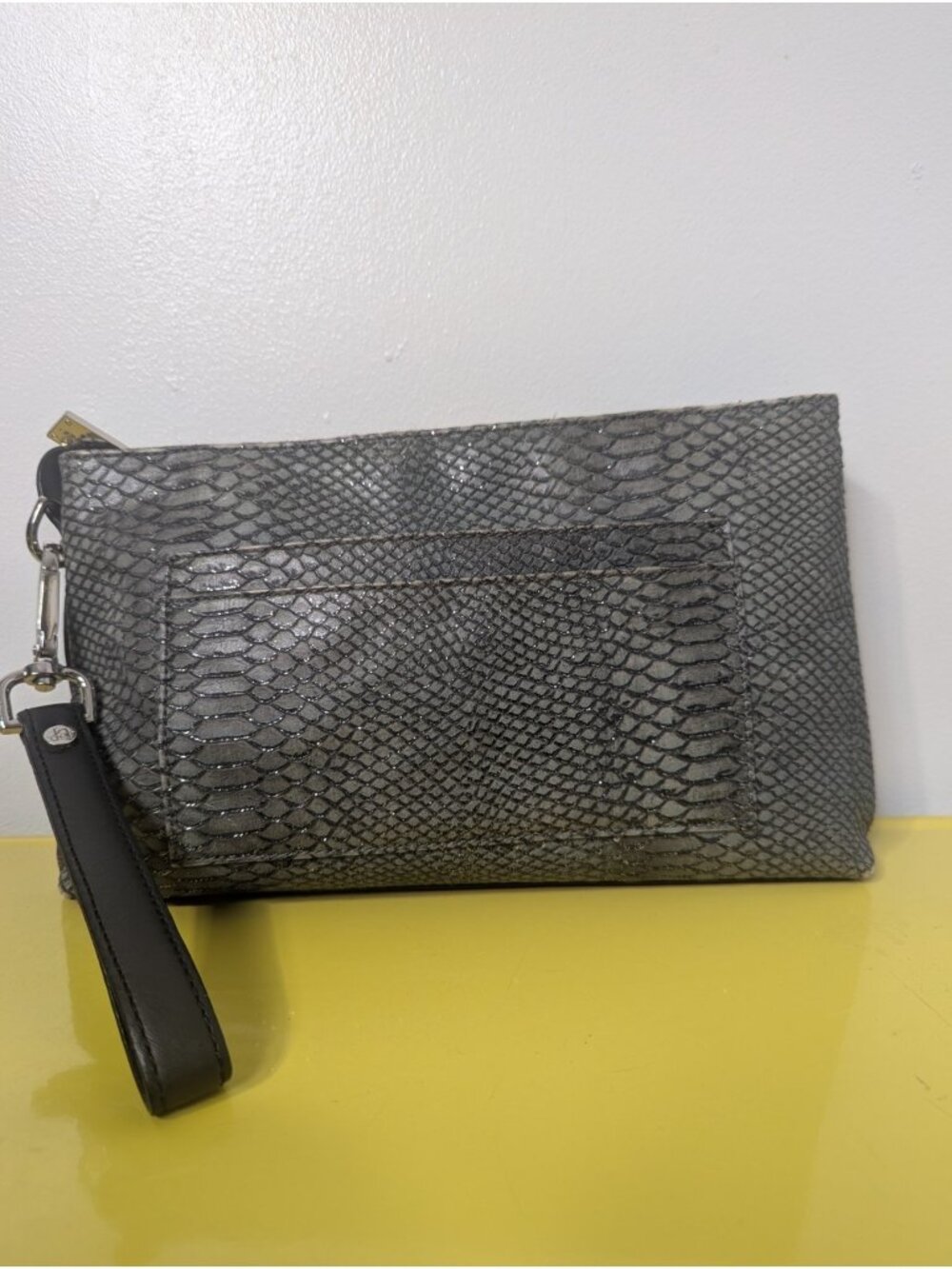 Donald J Pliner Metallic Snakeskin Gray Leather Wristlet Clutch Handbag 12" x 7"